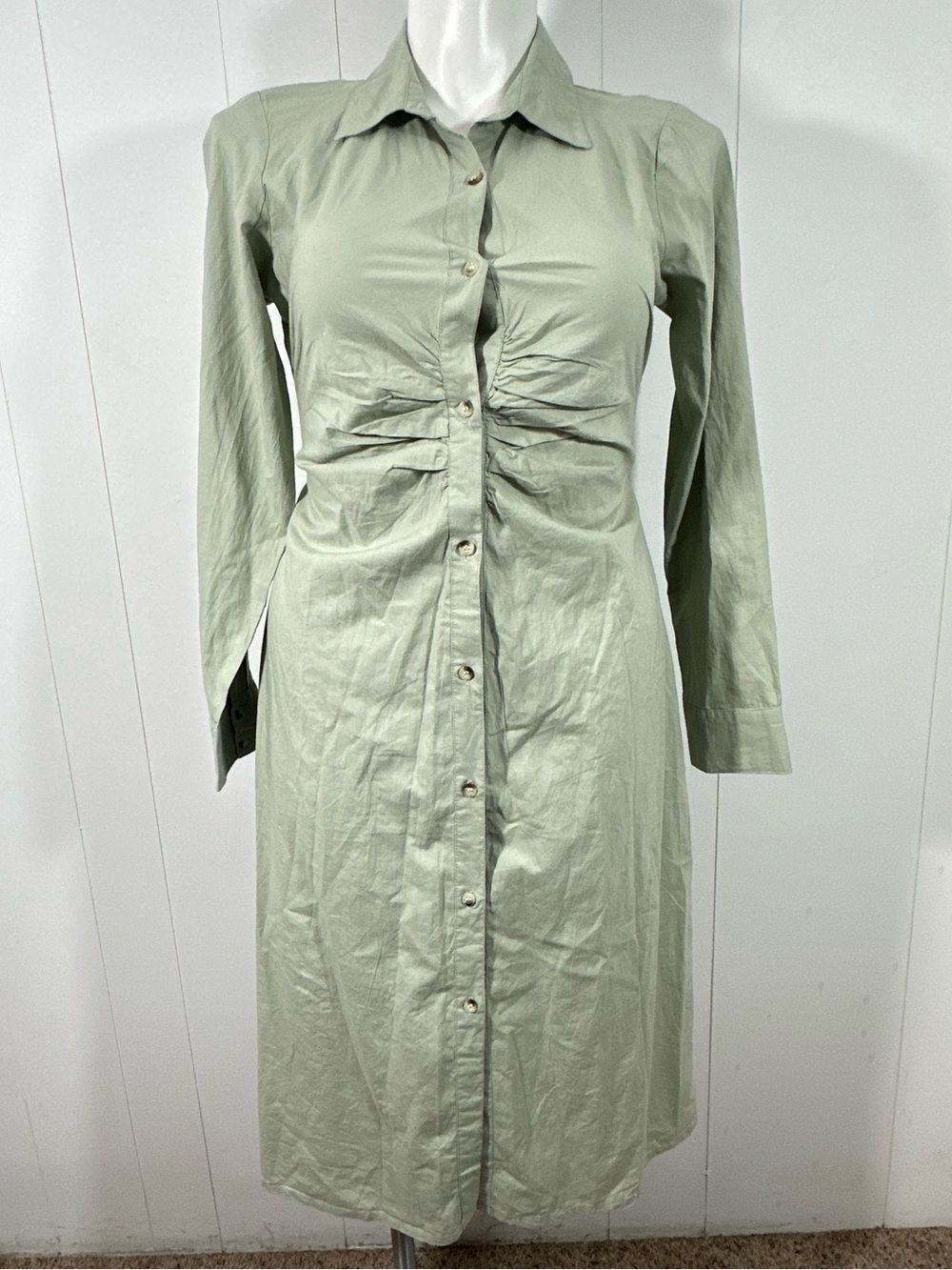 NEW Sim & Sam XL Dress 100% Cotton Midi Sage Green Long Sleeve Button Front